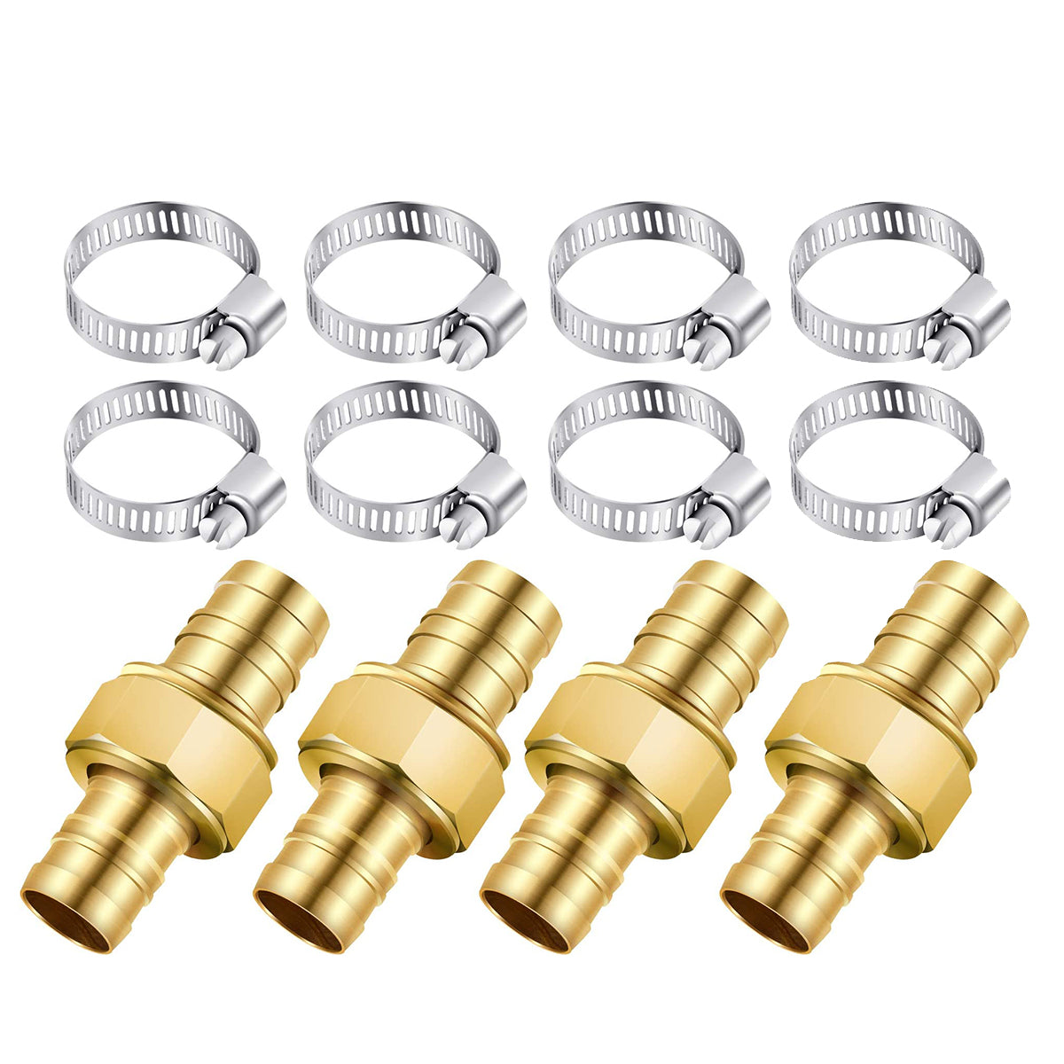 4 Pack 5/8 Inch Brass Garden Hose Repair Kit，Male and Female Hose Fittings，Garden Hose Fitting with 8 Pieces Stainless Steel Clamps