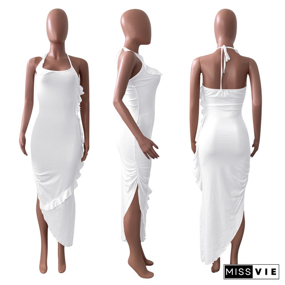 Elegant Solid Color Ruffles Women Summer Sexy Asymmetric Night Club Halter Bodycon Maxi Dress