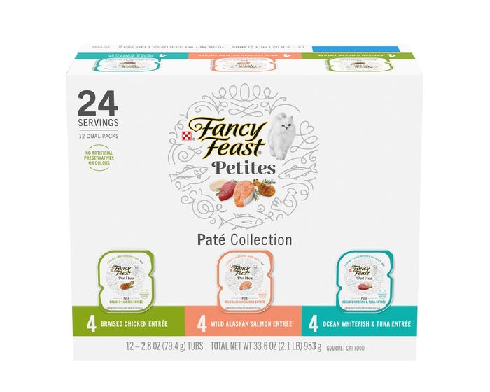 Purina Fancy Feast Gourmet Wet Cat Food Variety Pack， Petites Pate Collection， (12) 2.8 oz. Tubs