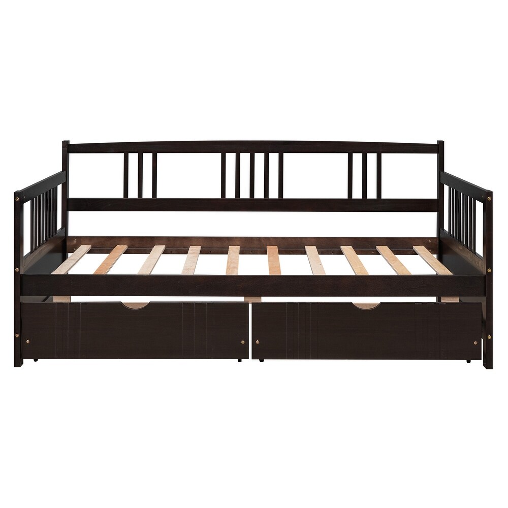 Twin Size Wood Daybed with 2 Storage Drawers and 3 Side Guardrail  Wood Kid's Bed with Wood Slats for Bedroom