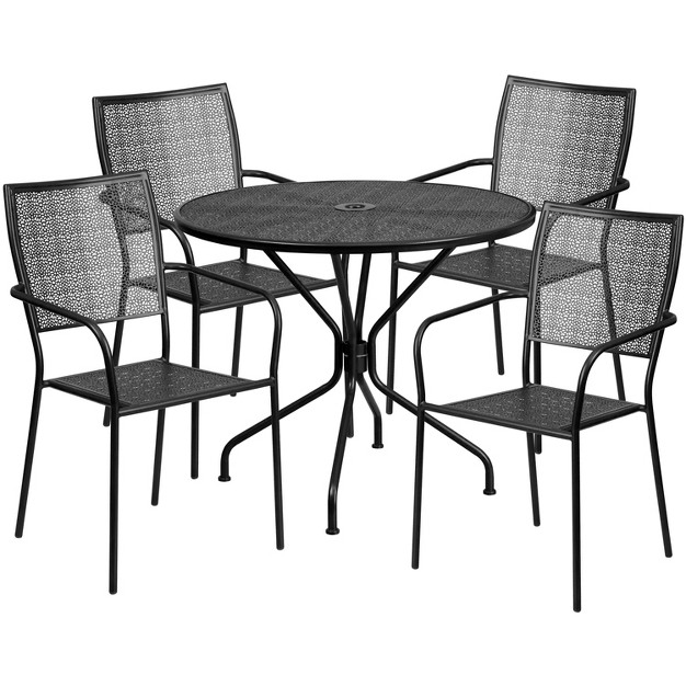 Round Metal Garden Patio Table Set 4 Square Back Chairs