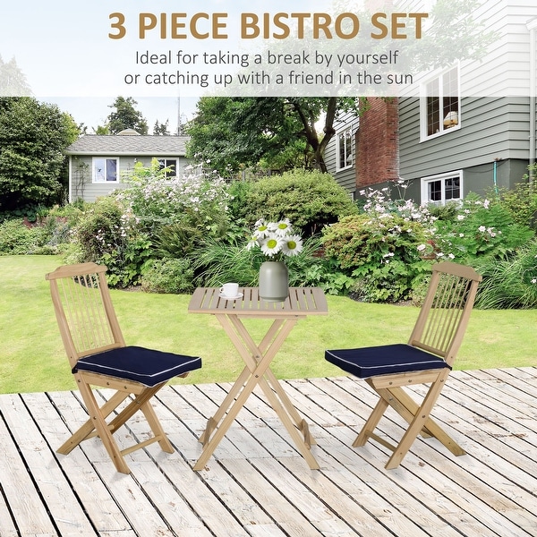 3 Pieces Patio Folding Bistro Set，Outdoor Pine Wood Table and Chairs Set with Tieon Cushion and Square Coffee Table