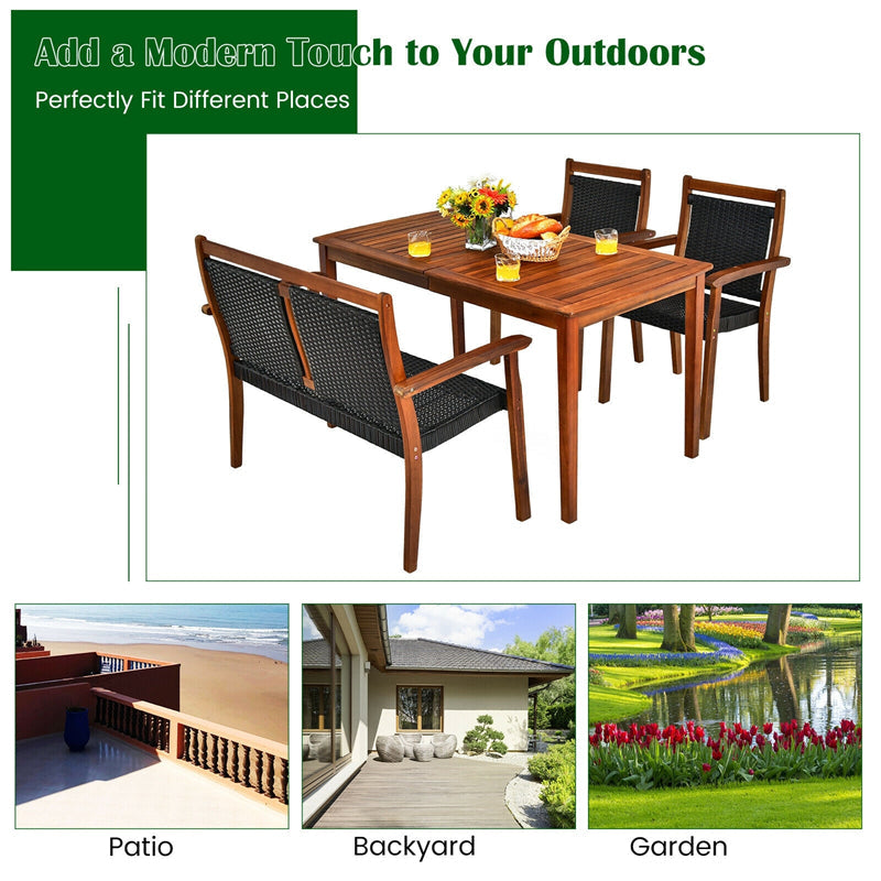 4 Pcs Rattan & Acacia Wood Outdoor Patio Dining Table Set with Loveseat & 2 Armchairs, Umbrella Hole