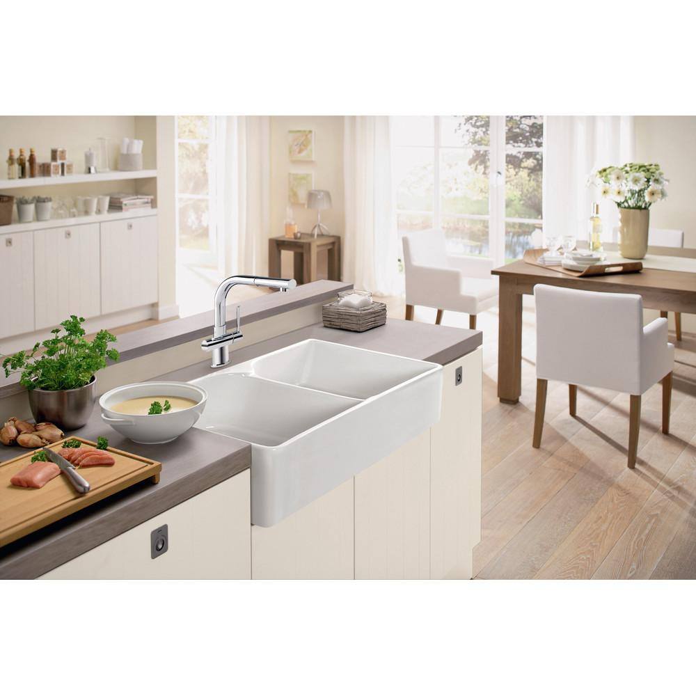 Franke Manor House Farmhouse Apron Front Fireclay 35.625 in. x 21.875 in. 5050 Double Bowl Kitchen Sink in White MHK720-35WH