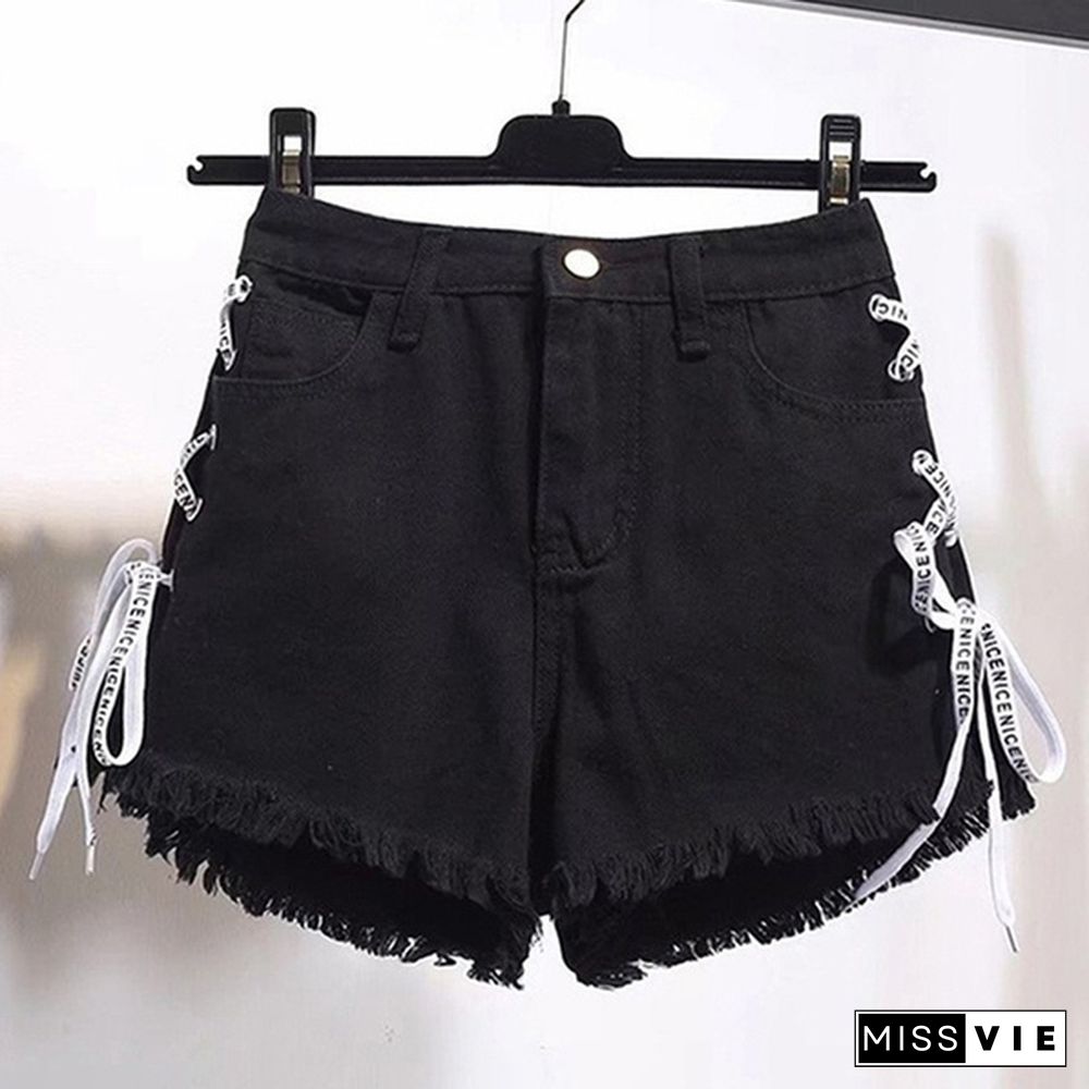 Women Fashion Raw-strap High-waist Denim Shorts with Loose Skinny Plus Size Pants