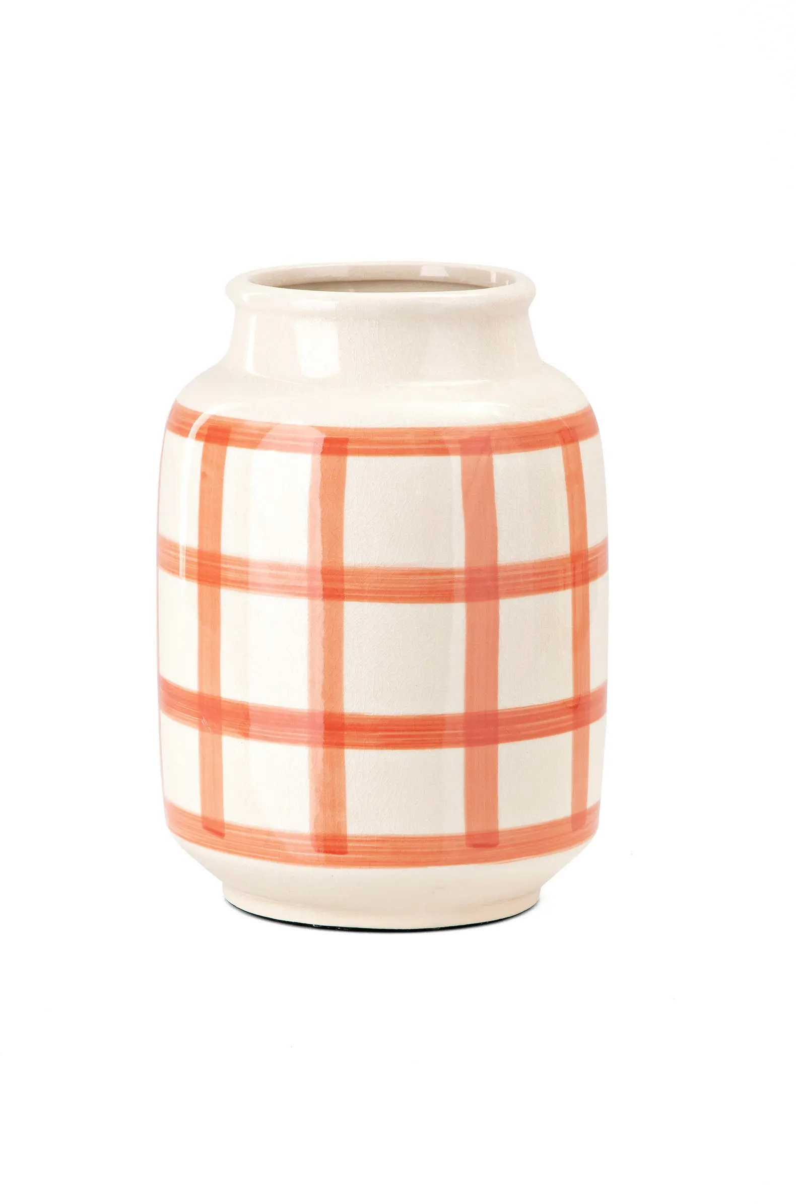 10 Inch Orange on Cream Gingham Check Ceramic Vase