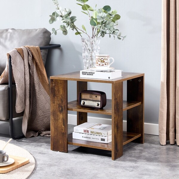 Square wooden Side Table，3-tier End Table