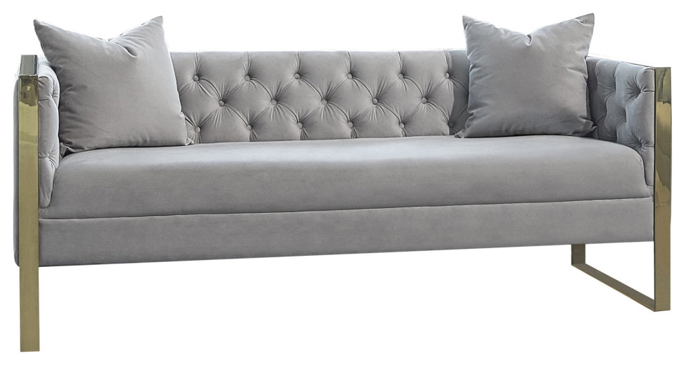 Contemporary Sofa  Golden Stainless Steel  ampTufted Light Grey Velvet Upholstery   Contemporary   Sofas   by Decorn  Houzz