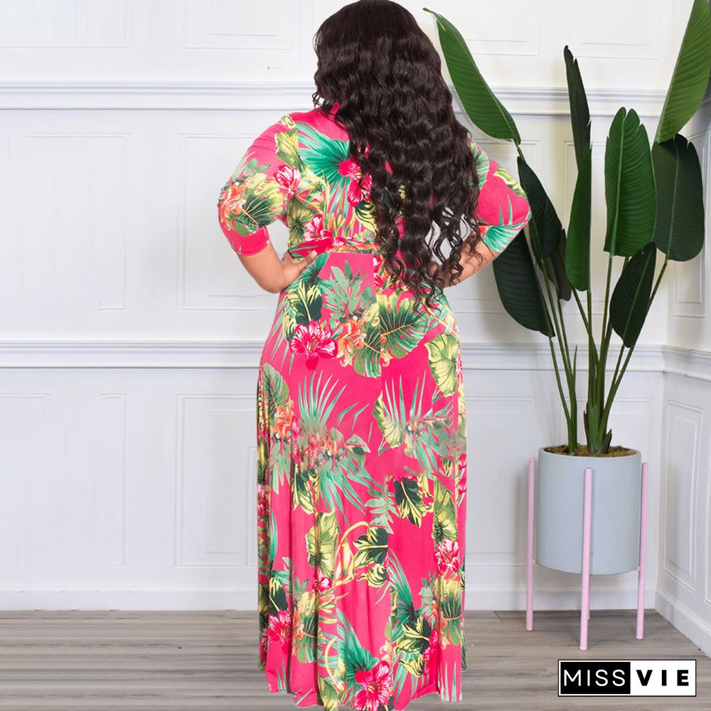 V Neck High Waist Vintage Plus Size Maxi Dress