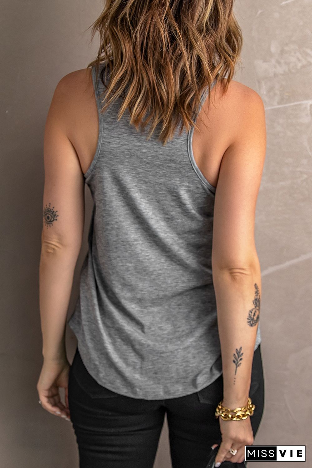 Gray V Neck Racerback Tank Top with Pocket