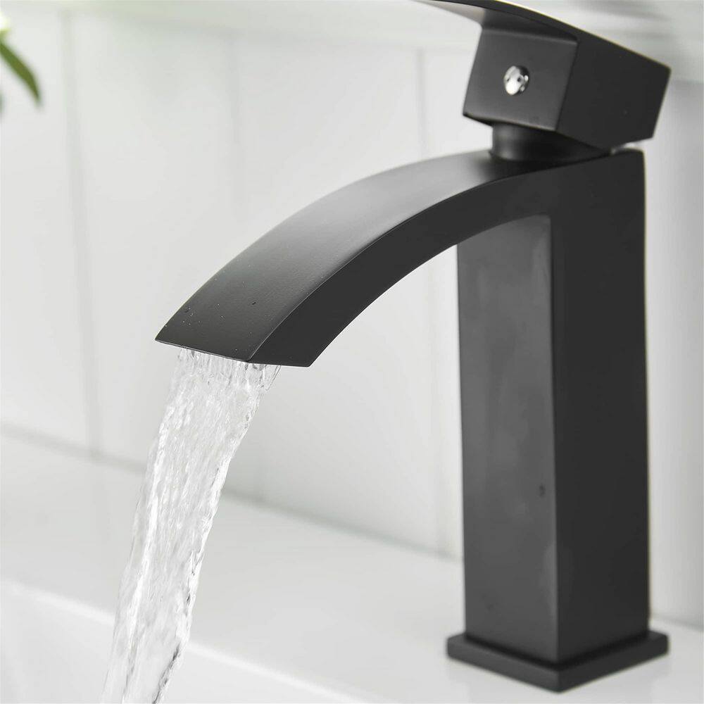 FLG Single-Handle Single-Hole Waterfall Bathroom Faucet Deck Mounted Bathroom Sink Faucet in Matte Black CC-0076-MB