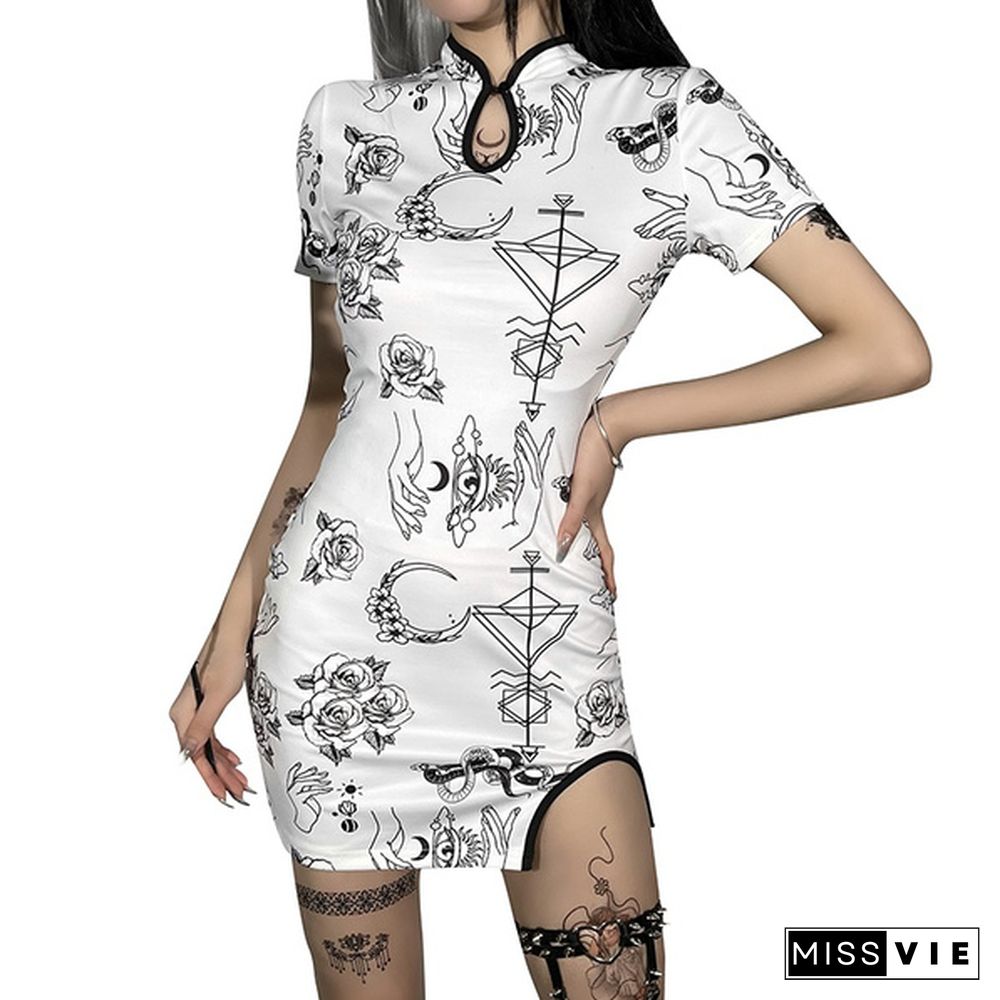 Women's Vintage Cheongsam Print Dress Floral White Short Sleeve High Waist Skinny Mini Dress Party Slit Cheongsam