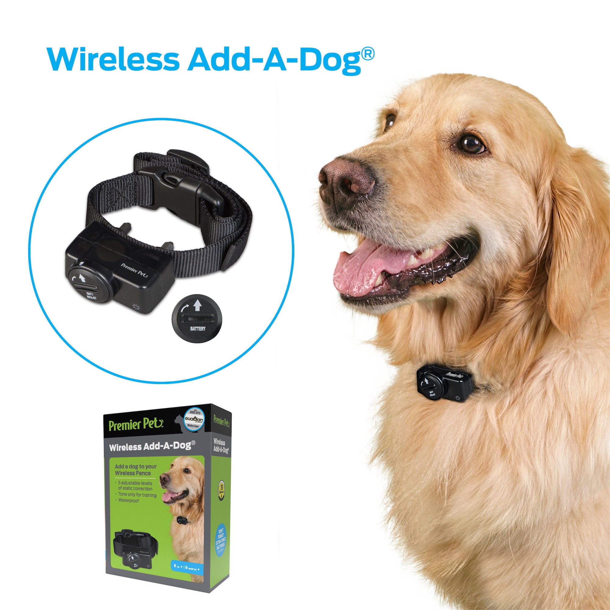 Premier Pet Wireless Add-A-Dog: Adds Unlimited Dogs to Premier Pet Wireless Fence， Additional or Replacement Collar， Adjustable， Waterproof， Tone and Static Correction， Low Battery Indicator