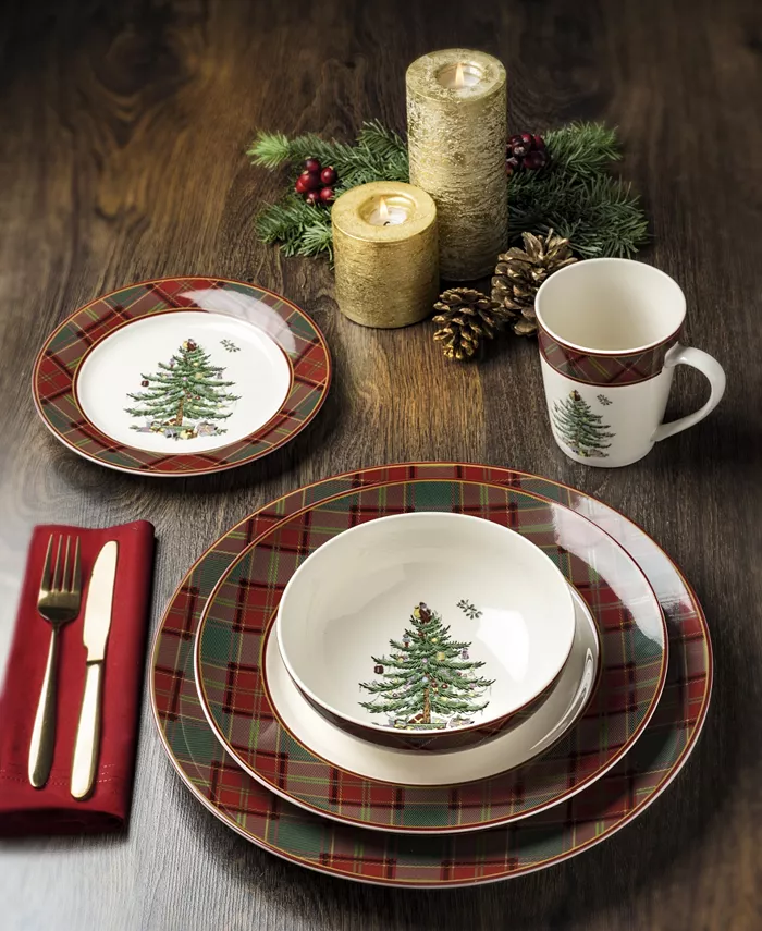 Spode Christmas Tree Tartan Dinner Plate Set of 4