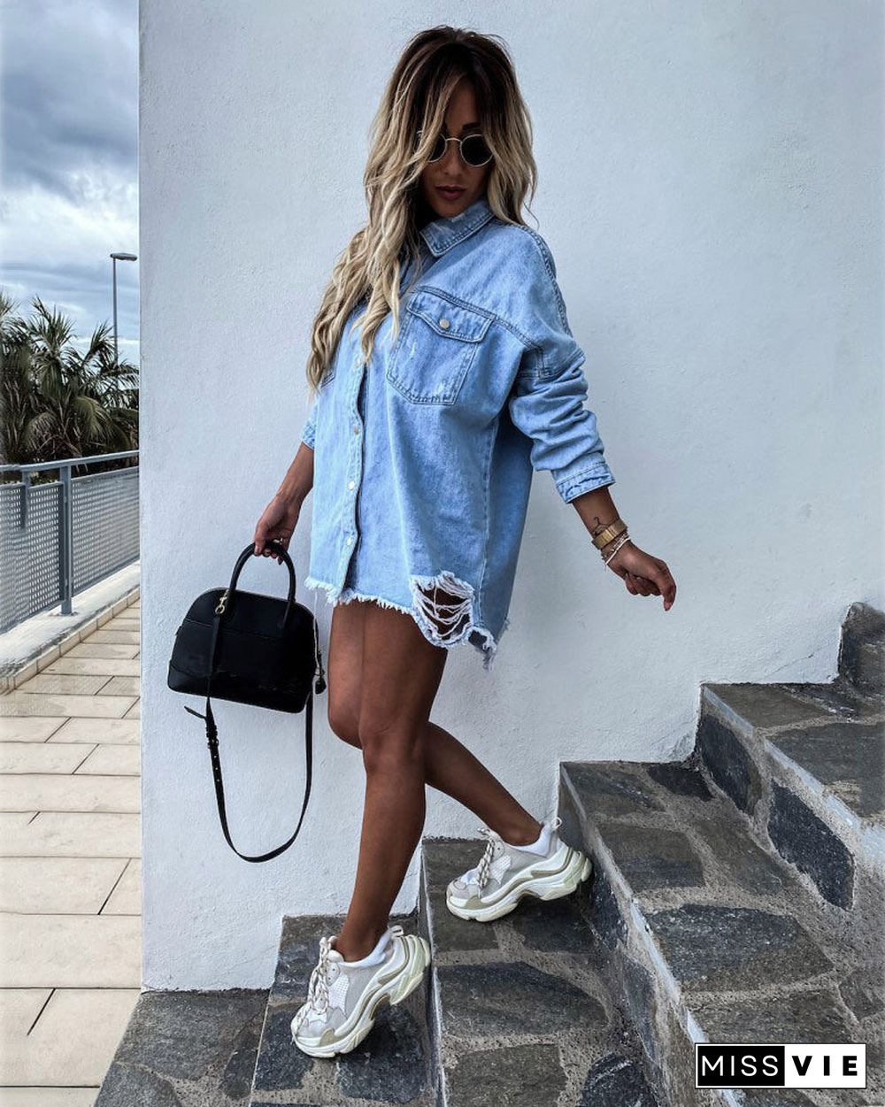 Long Sleeve Denim Jean Dress Button Down Casual Top