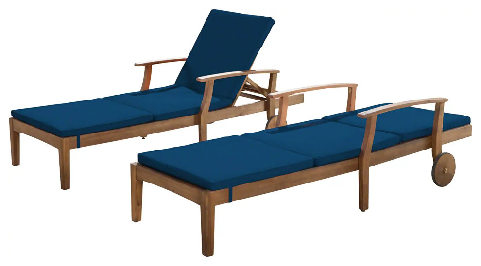 Set of 2 Patio Chaise Lounge  Teak Finished Frame  ampWater Resistant Blue Cushion   Contemporary   Indoor Chaise Lounge Chairs   by Decor Love  Houzz