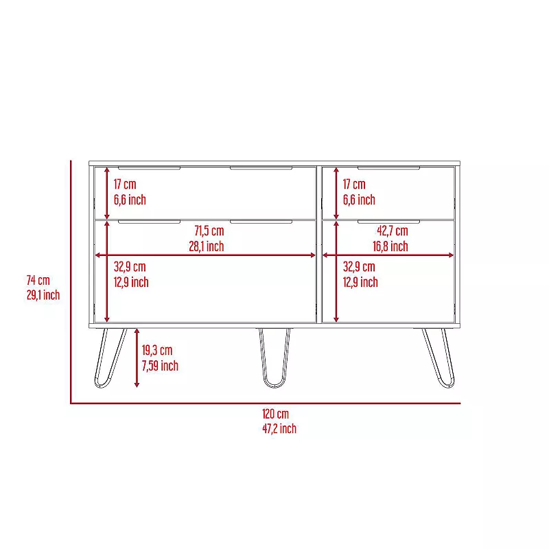 Monaco Double Dresser， Four Drawers， Superior Top， Hairpin Legs