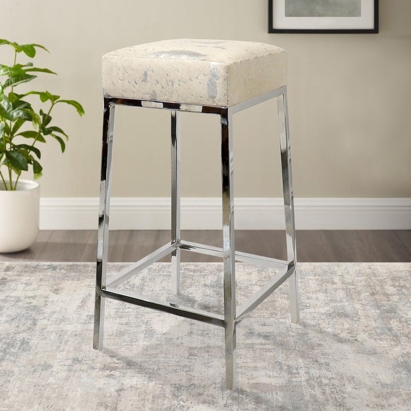 Pasargad Home Safari Cowhide Bar Stool with Silver Steel Legs - W16