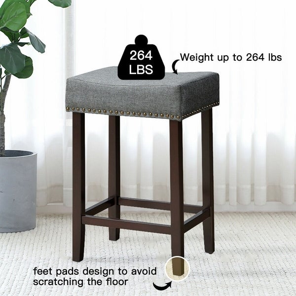 2 pcs Nailhead Saddle Bar Stools with Fabric Seat and Wood Legs-Gray - 17.5