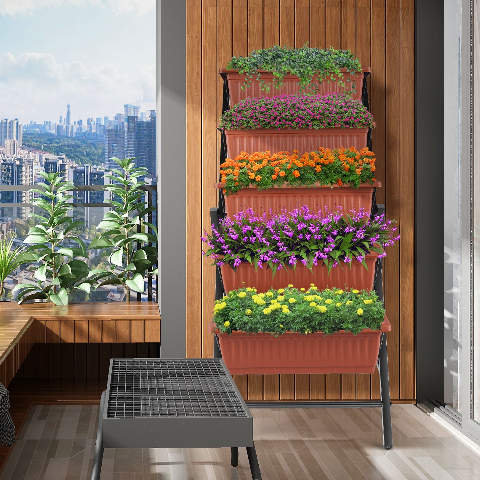 5-Tier Vertical Raised Garden Bed with Drainage, 4ft Planter Box for Patio Vegetables, Flowers, and Herbs, 26" x 22.75" x 44.75" Perfect for Small Spaces and Urban Gardening