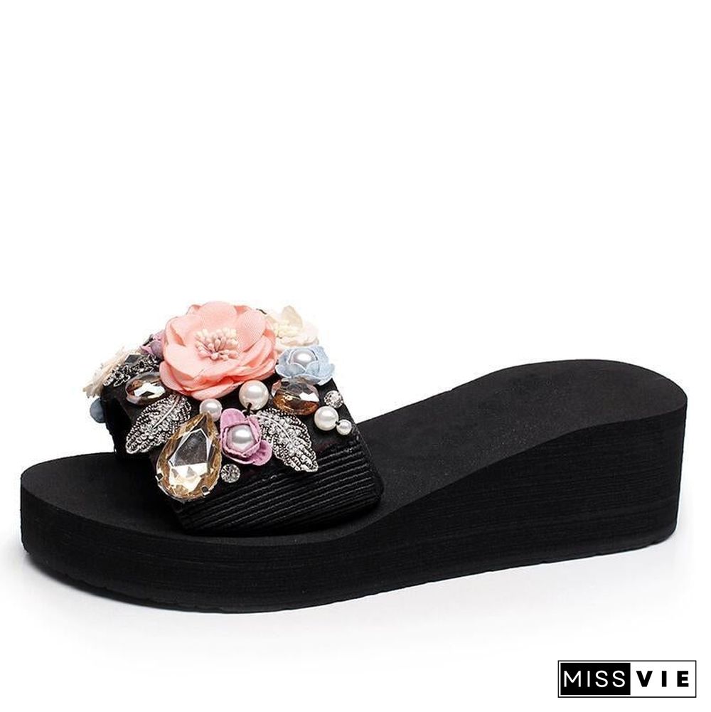 Women Crystal Auger Pearl Flower Platform Sandals Beach Slippers Shoes