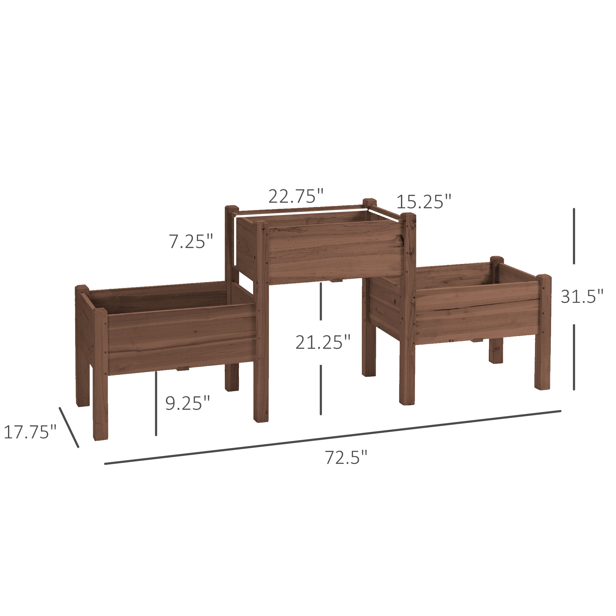 Outsunny Raised Garden Bed with 3 Planter Box, Freestanding Wooden Plant Stand with Drainage Holes, for Vegetables, Herb and Flowers, Coffee