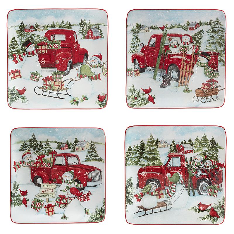 Certified International Red Truck Snowman 4-pc. Dessert Plate Set