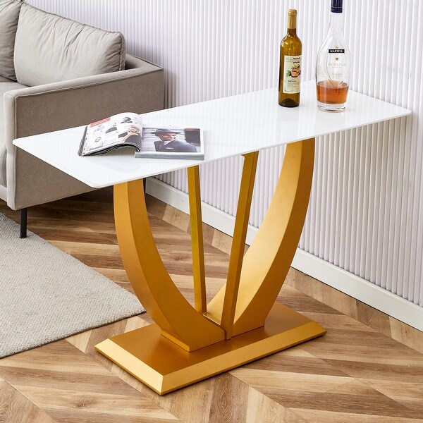 Modern and simple rectangular glass dining table in white with a pattern，white top and gold legs，suitable for entrance