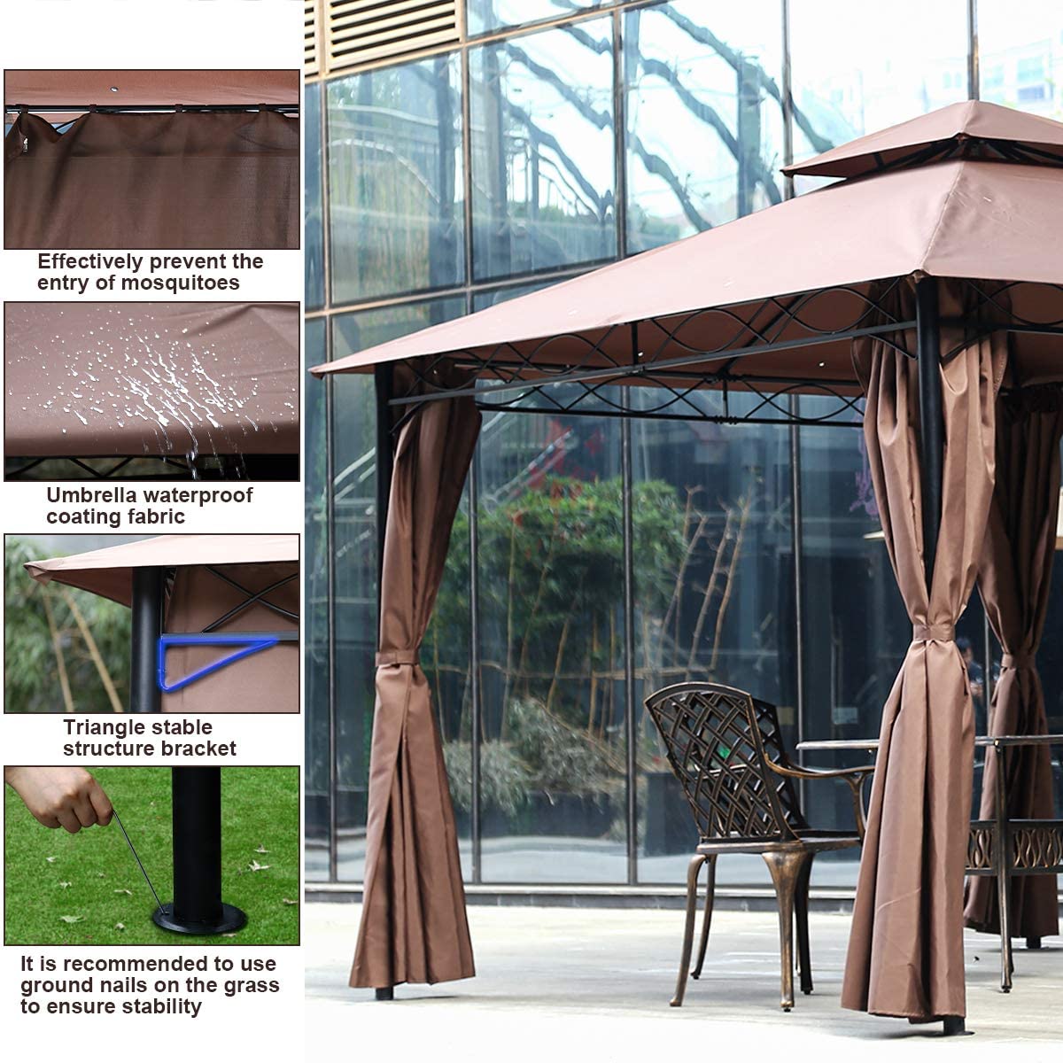 Dkelincs 10’x10’ Gazebo Canopy Tent- Heavy Duty Outdoor Patio Gazebo with Frame & Windshield, Brown