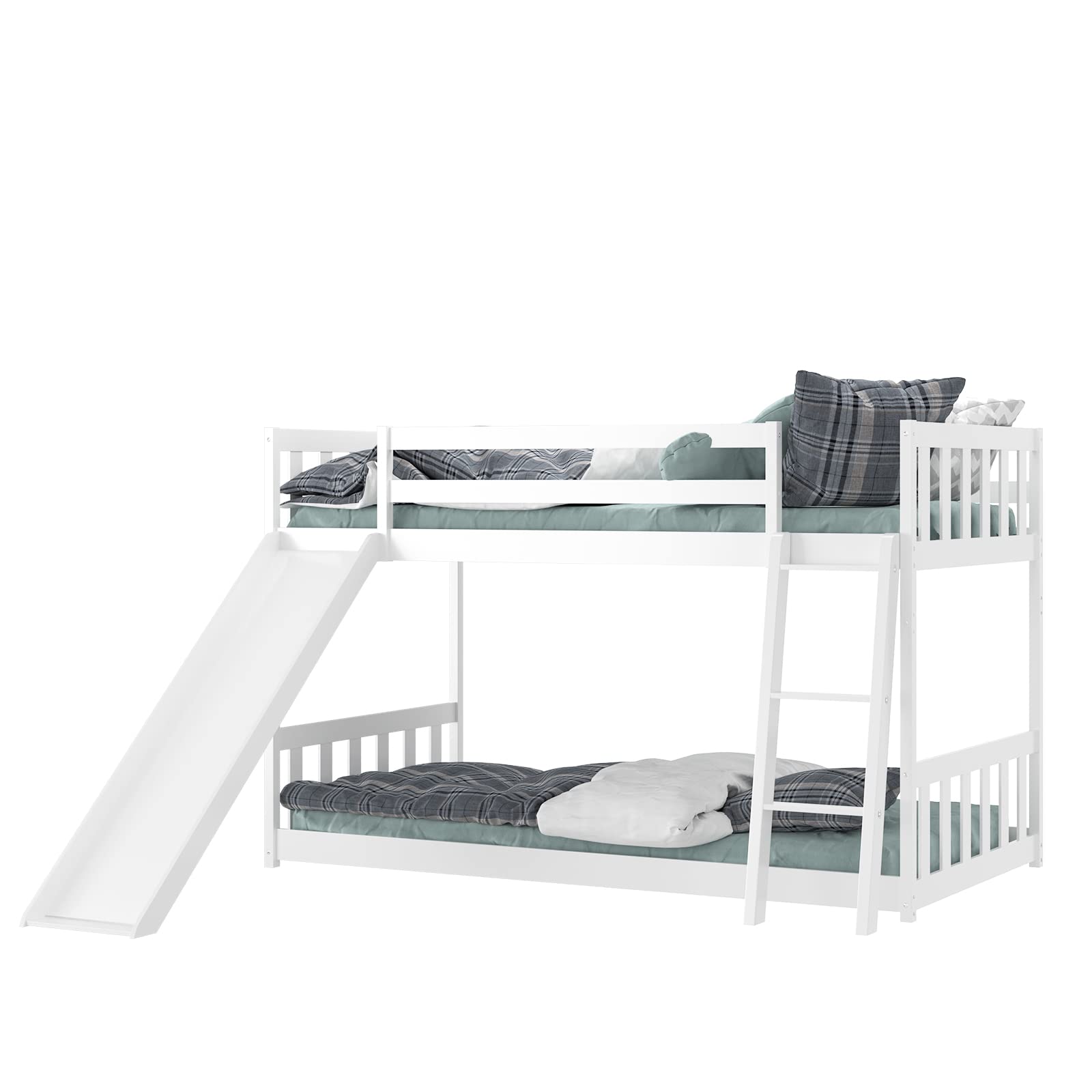 Costzon Twin Over Twin Bunk Bed, Wooden Low Bunk Bed with Slide & Ladder