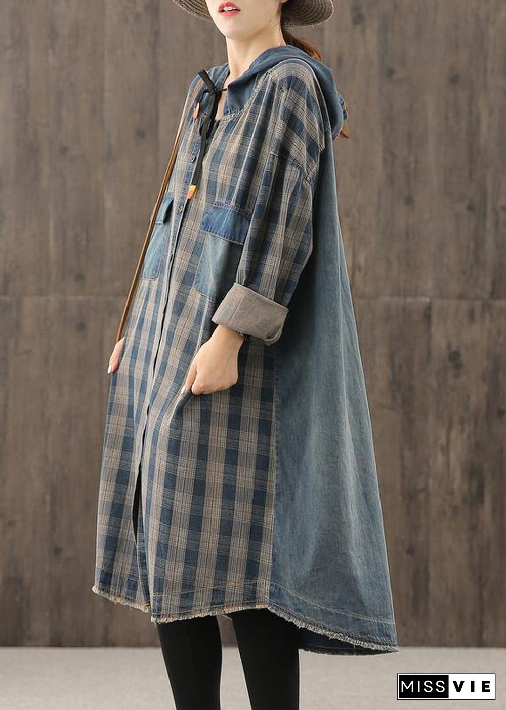 Vivid denim blue plaid Tunic hooded Button Down Plus Size Dress