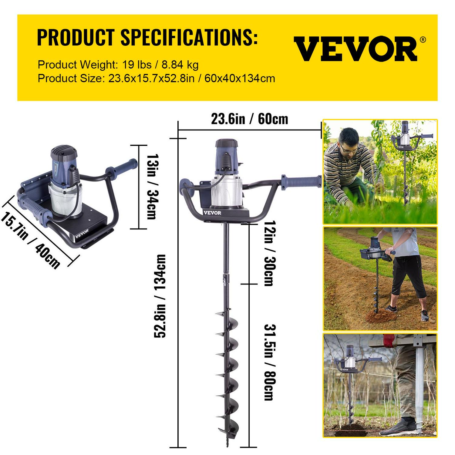 VEVOR Electric Post Hole Digger Power Post Hole Auger with 4  Digging Auger Bit Set1200 W 16 HP Electric Earth Digger Auger  Crowdfused