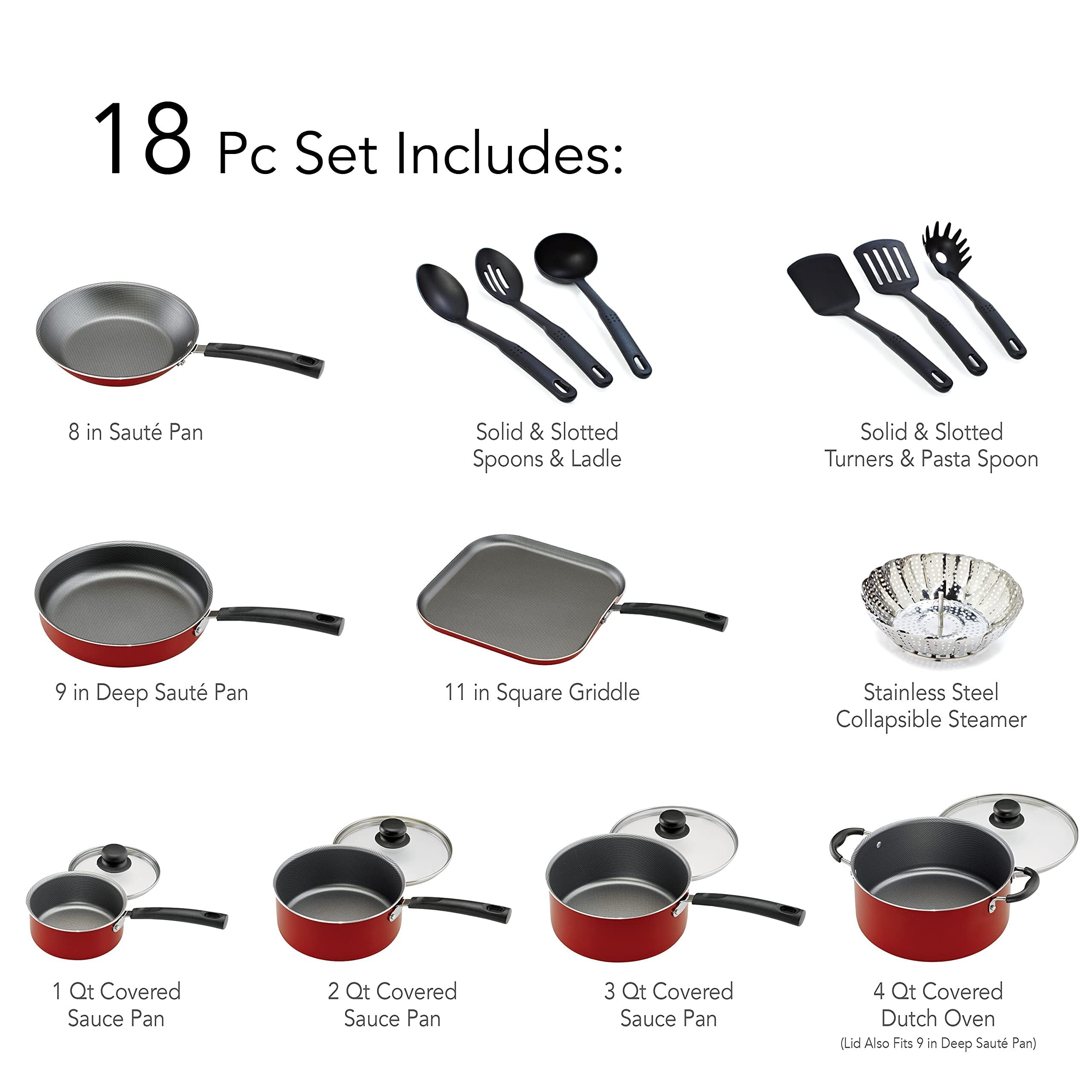 18 Piece Nonstick Pots & Pans Cookware Set Kitchenware Sets (RED)