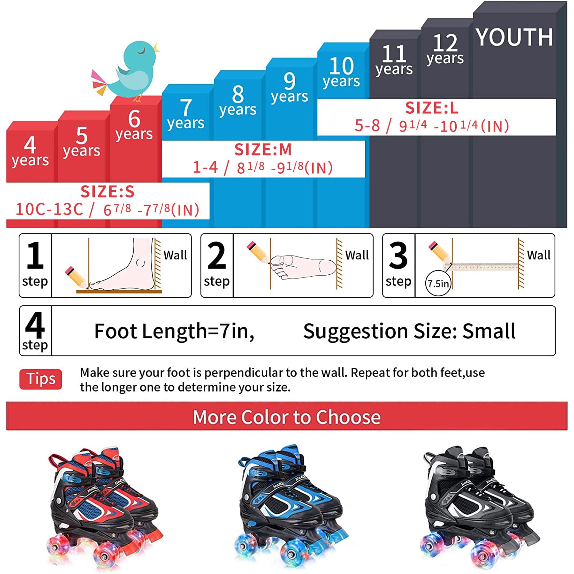 Nattork Roller Skates for Boys Girls Kids 4 Sizes Adjustable Quad Skates with Illuminating Wheels Blue Size M