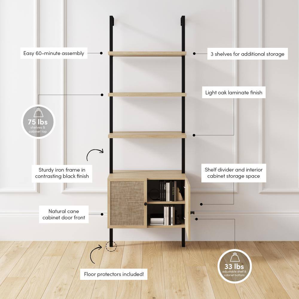 Nathan James Theo Open Shelf 73 in. High Light Oak Wood 3-Shelf Ladder Bookcase with Rattan Cabinet Doors and Matte Black Frame 66501