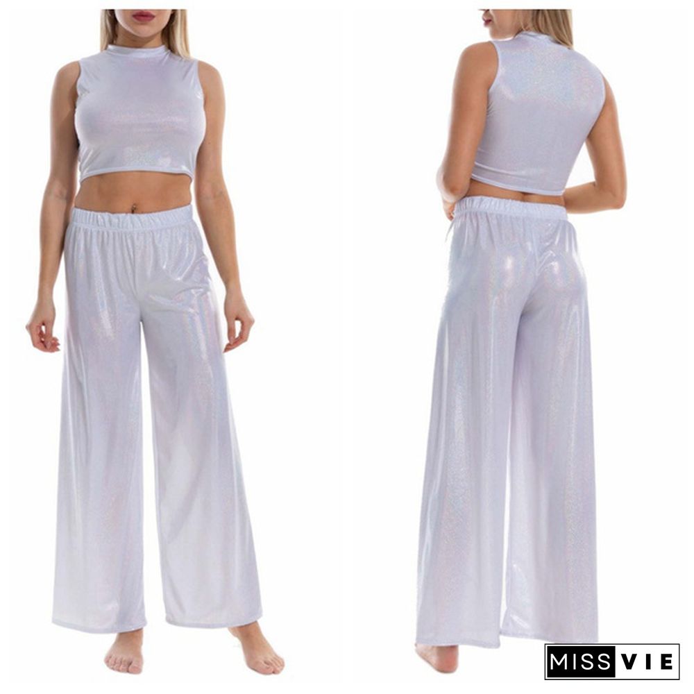 Two-Piece Outfit Women's Sleeveless Crop Top With Loose High Waist Wide Leg Pants Summer Casual Wear