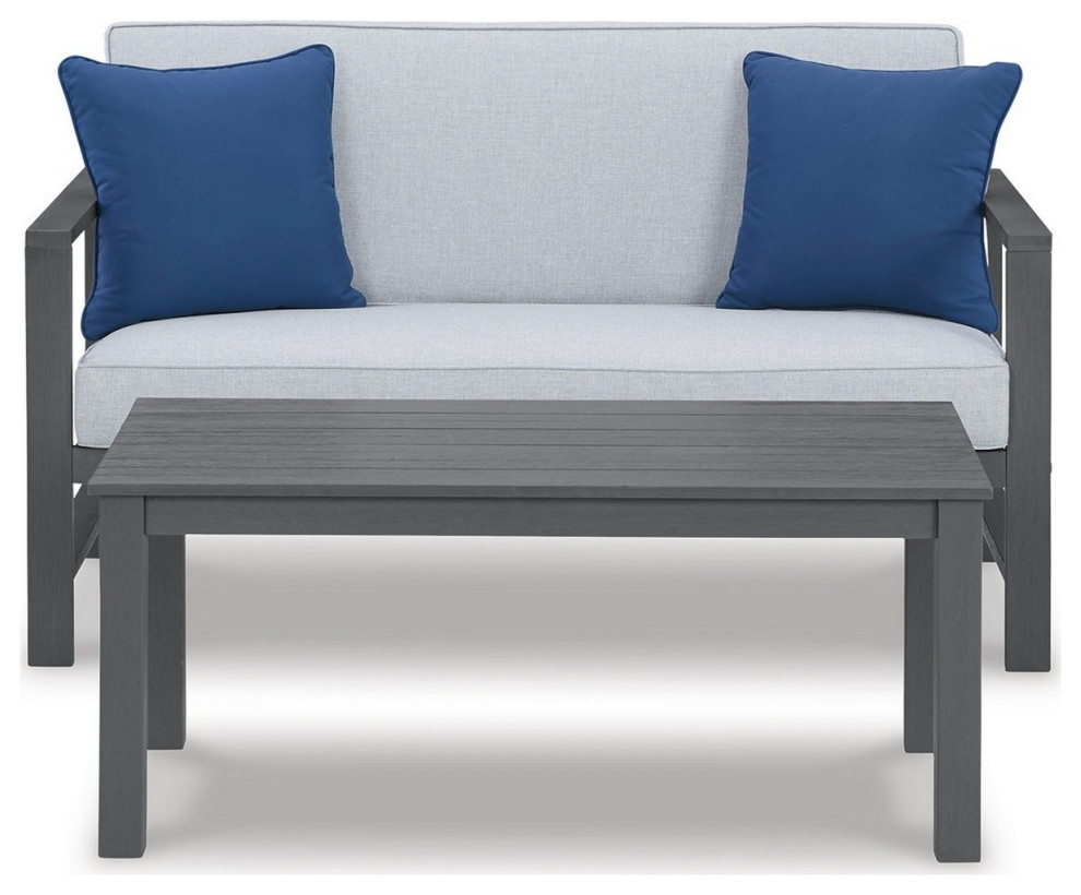 2 Piece Outdoor Wood Loveseat And Coffee Table Set Gray Foam Cushions   Transitional   Outdoor Loveseats   by Dot  ampBo  Houzz