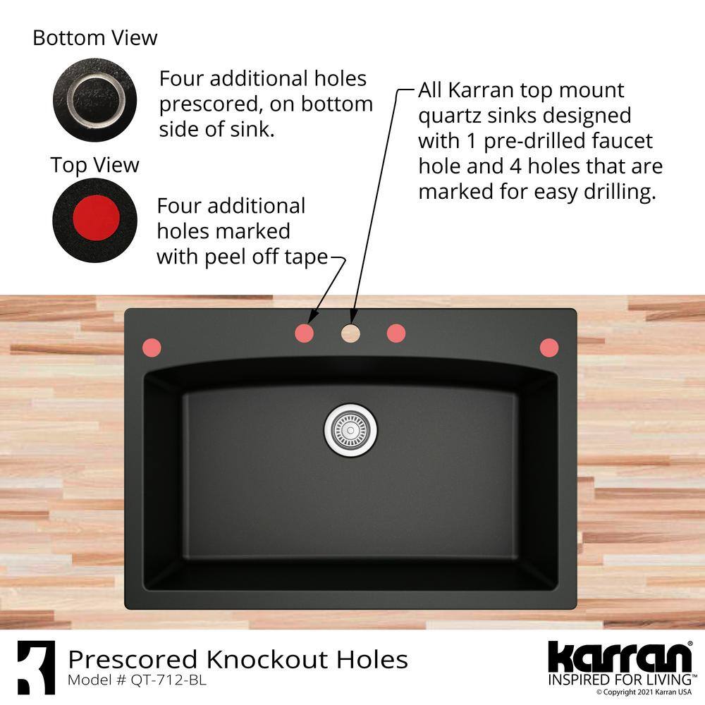 Karran QT-712 QuartzGranite 33 in. Single Bowl Top Mount Drop-In Kitchen Sink in Bisque with Bottom Grid and Strainer QT-712-BI-PK1