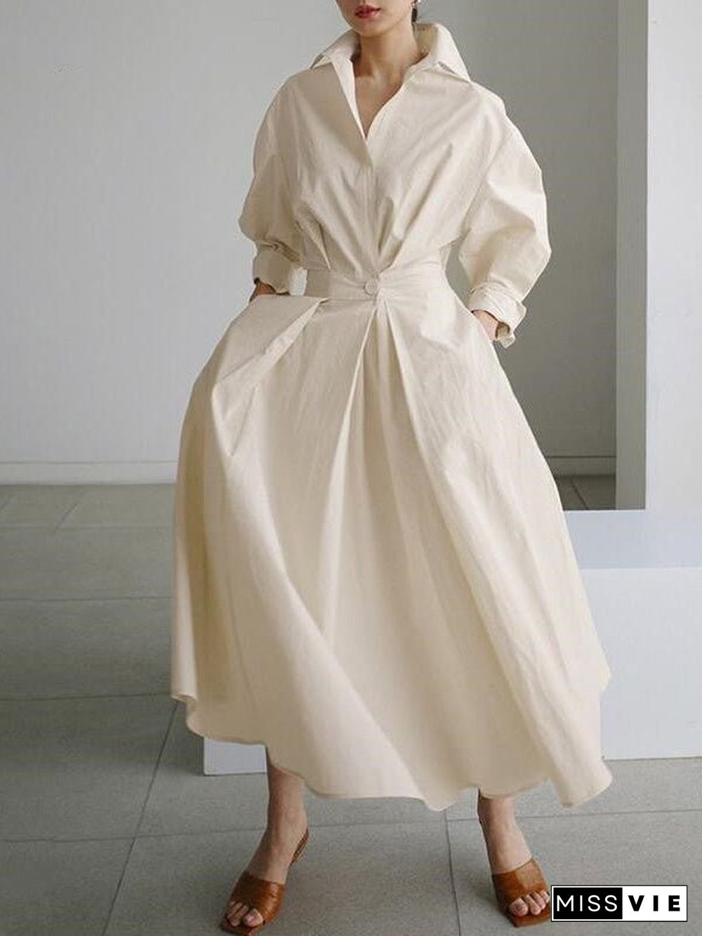 Women'S Dresses Lapel Elastic Waist Shirt Long Sleeve Dress