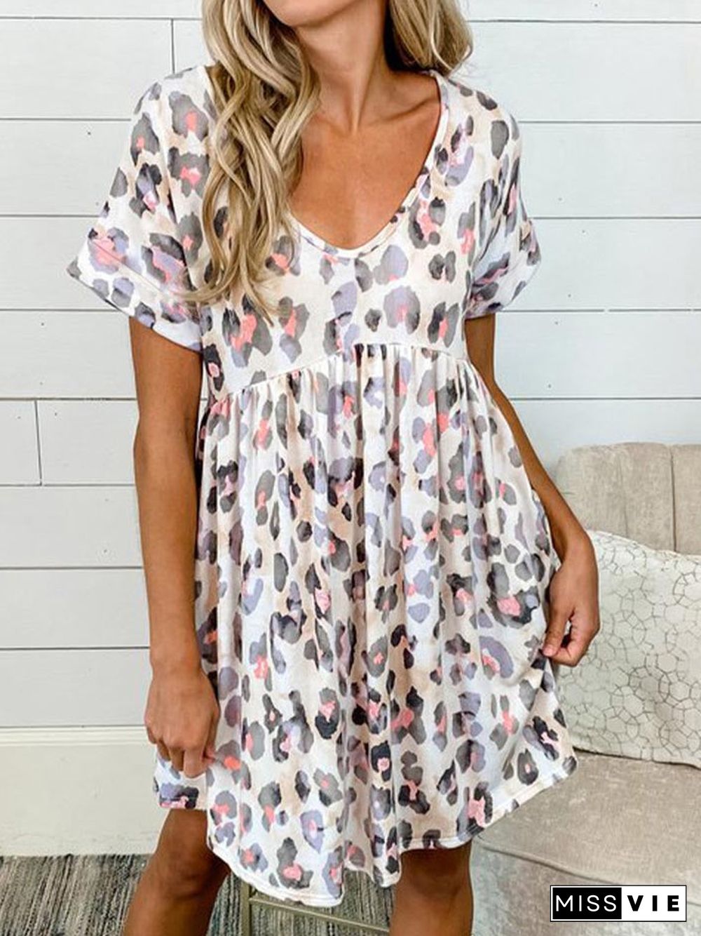 Casual Floral V Neck Short Sleeve Mini Dress