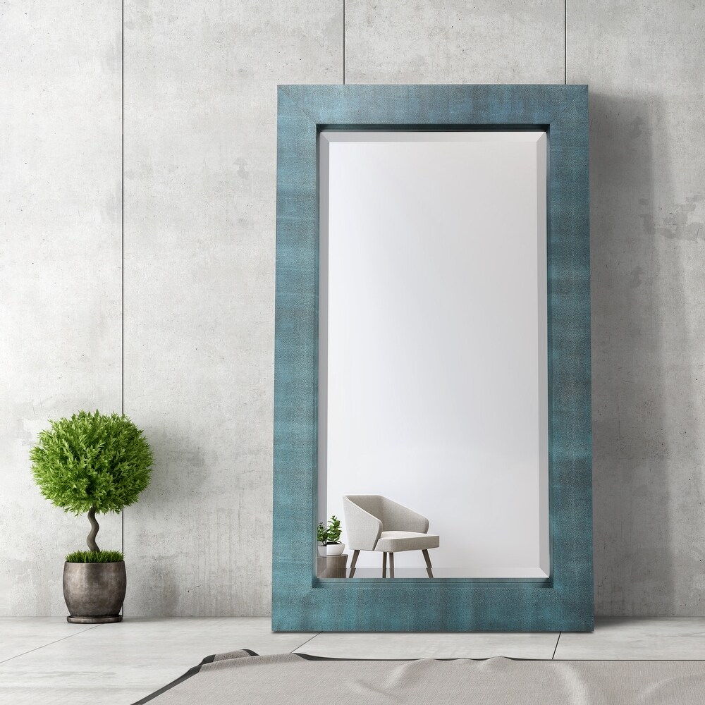 Black on Blue Metallic Shagreen Leather Framed Beveled Mirror   80\