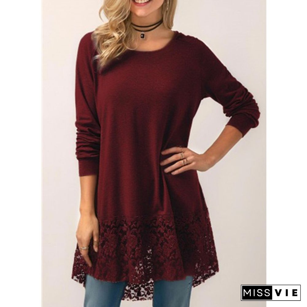 Women Fashion Solid Color Hoodies Long Sleeved T-Shirt Autumn Lace Hooded Sweater Plus Size