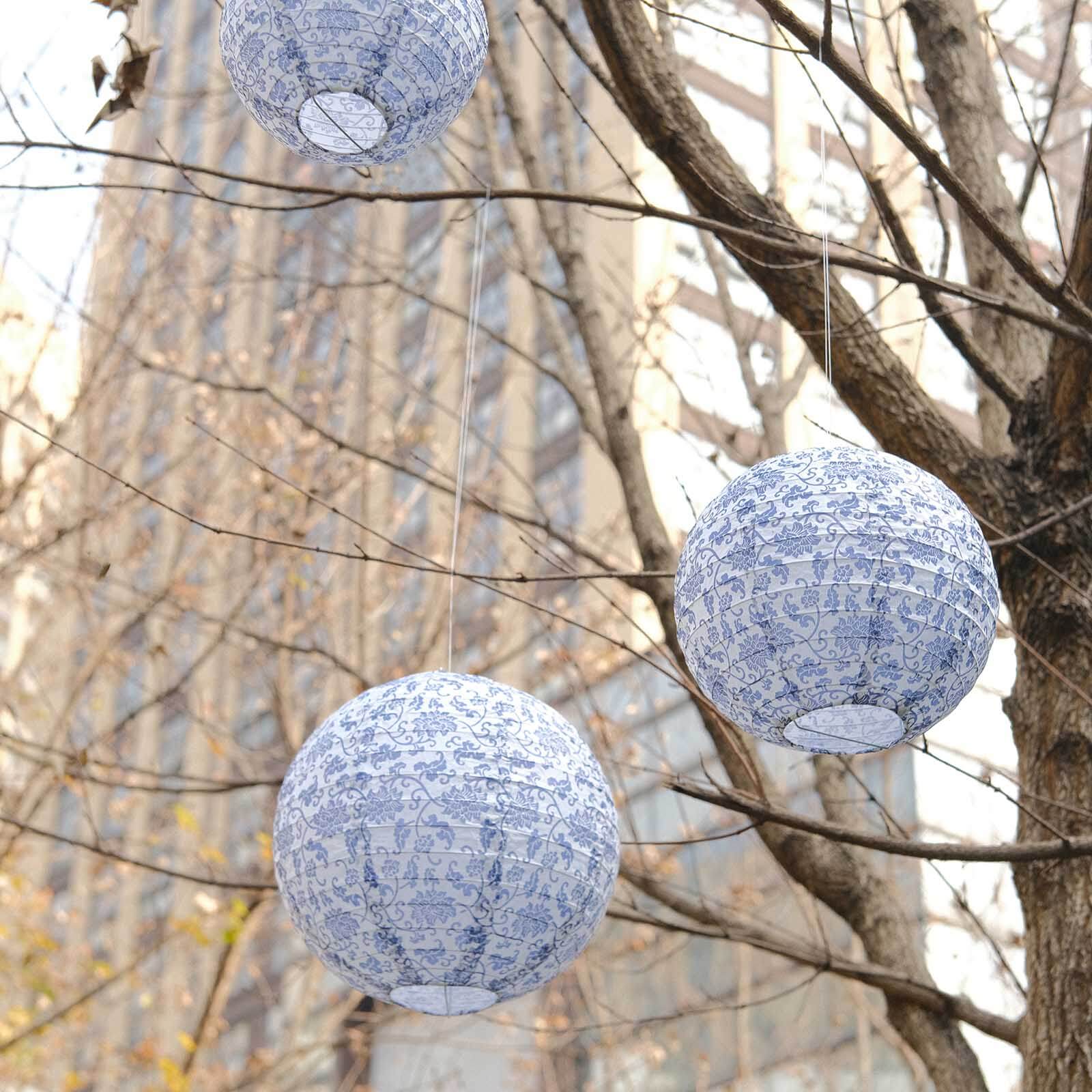 Set of 8 White Light Blue Hanging Paper Lanterns in French Toile Floral Pattern, Chinese Festival Lanterns - 6