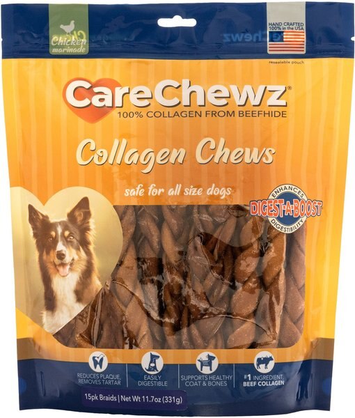 Pet Factory CareChewz 6 to 7-inch Collagen Braid Chicken Flavored Dog Hard Chews， 12 count