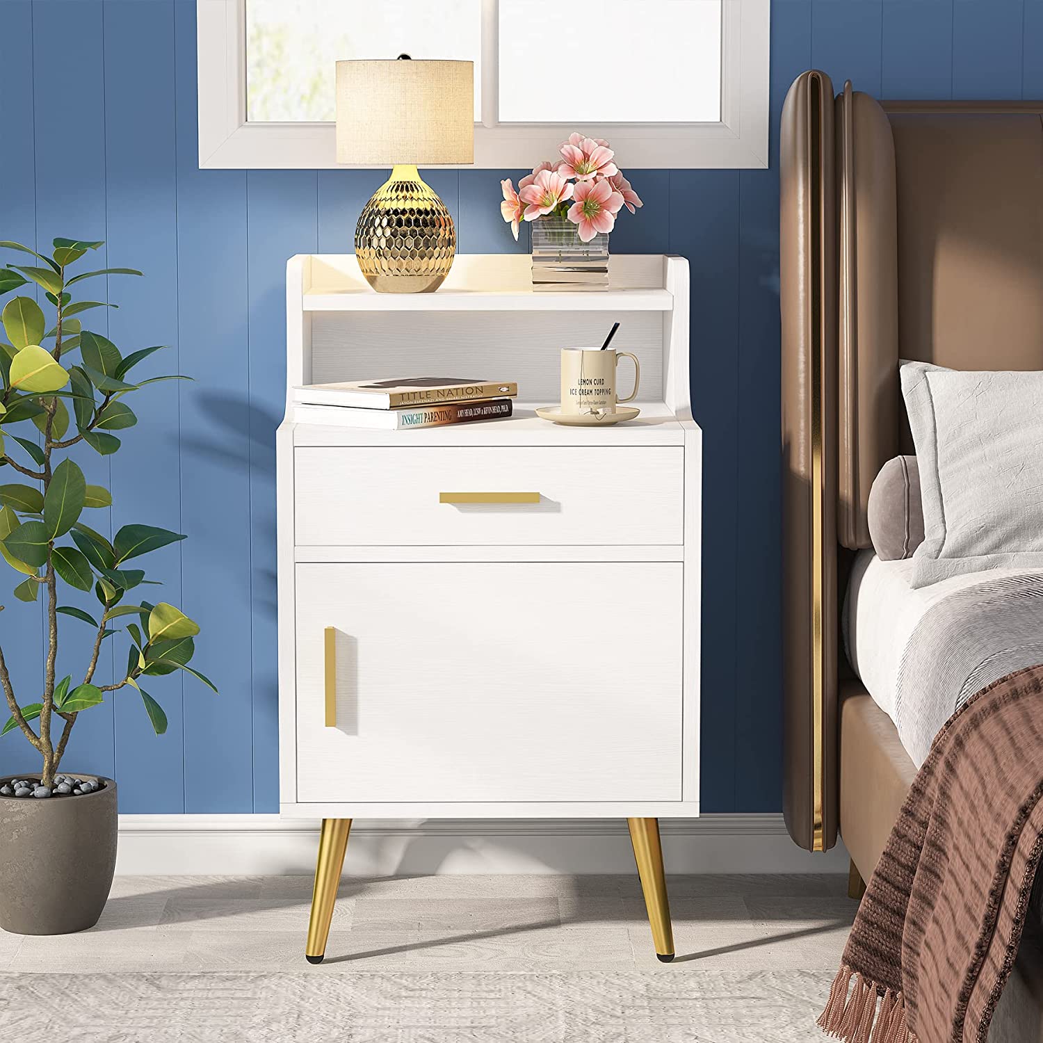 Tribesigns Modern Nightstand with Door Cabinet, Set of 2 Bedside Sofa Table with Drawer, White & Gold