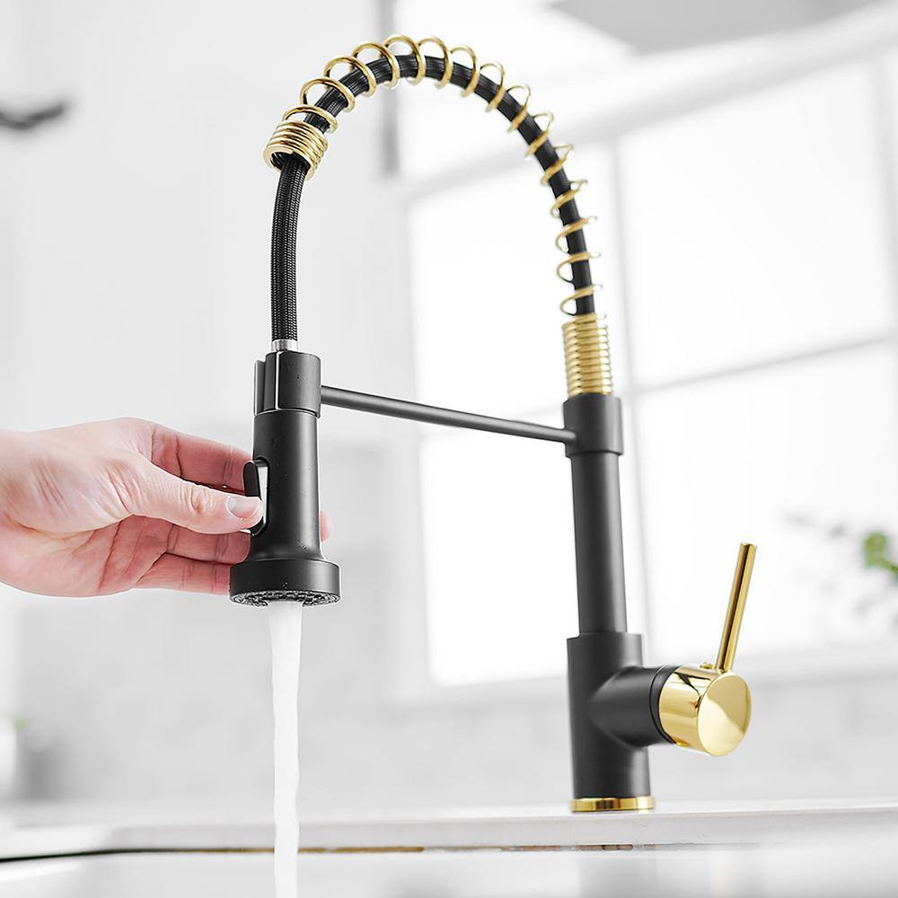 matrix decor Single Handle Pull Down Sprayer Kitchen Faucet with Advanced Spray in Black and Gold MD-AL189BG45