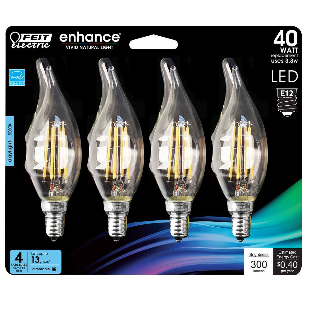 Feit Electric 40-Watt Equivalent BA10 E12 Candelabra Dimmable Filament CEC Clear Chandelier LED Light Bulb Daylight 5000K (4-Pack) BPCFC40950CAFIL4RP