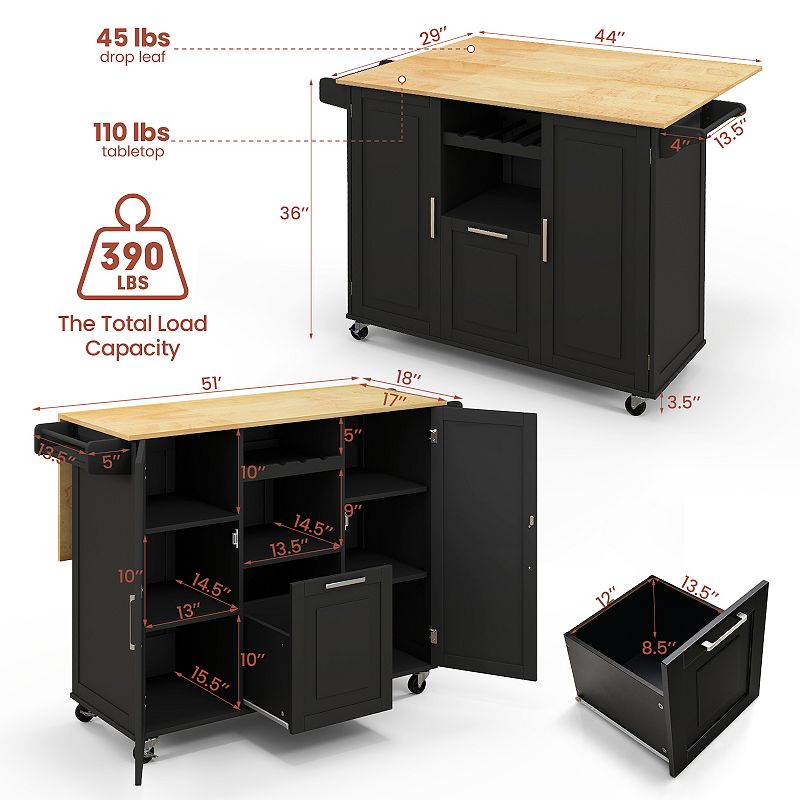 Rolling Kitchen Island Cart with Drop-Leaf Countertop ad Towel Bar-Black