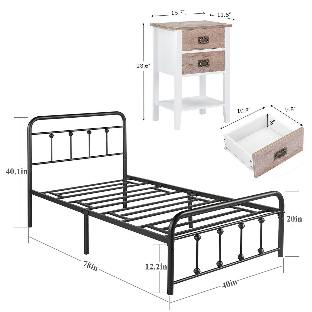 Taomika Bedroom Set Black Bed Frame and 2 Drawer Nightstand Set of 2