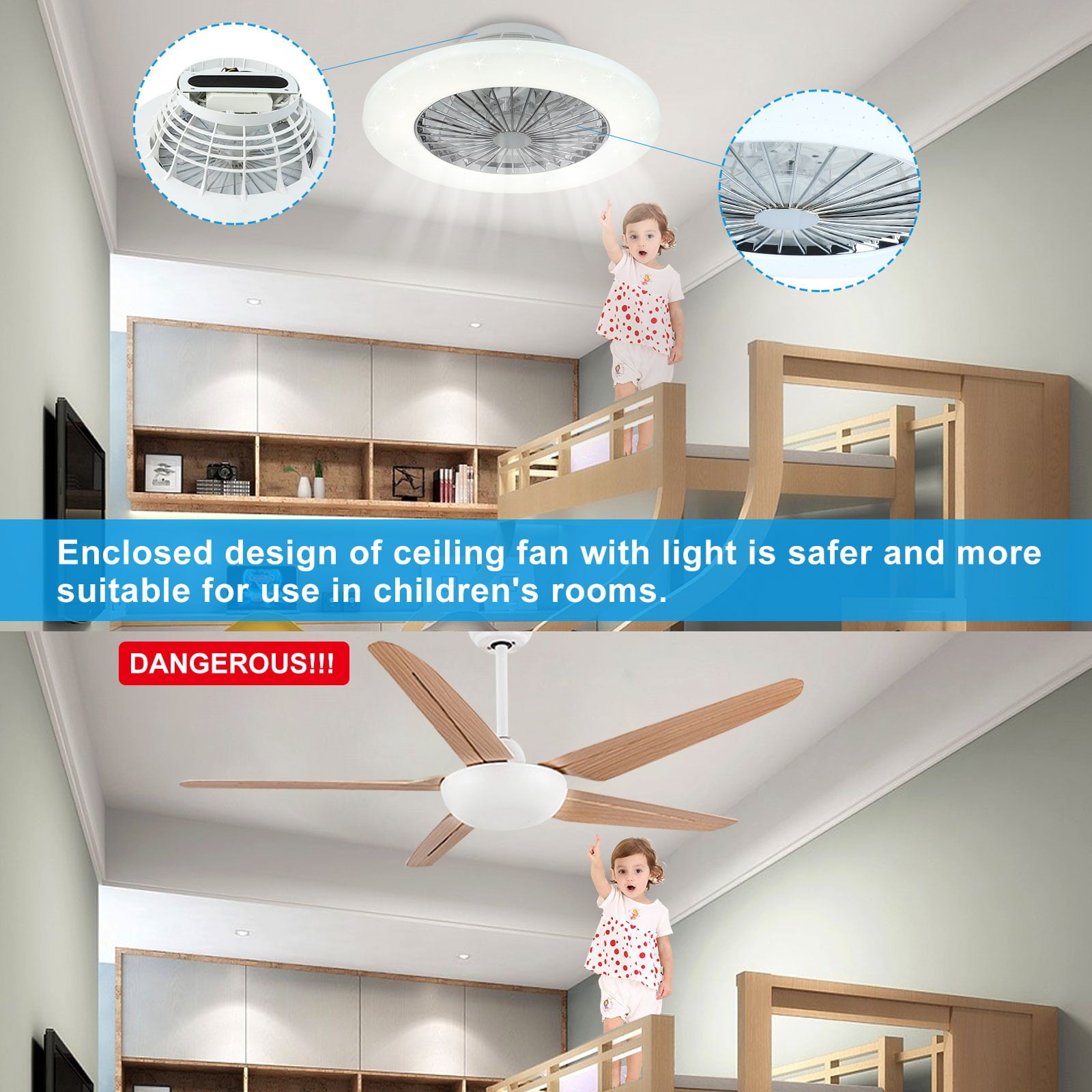 Depuley Ceiling Fan with Lights with Remote Control， Modern Flush Mount Bladeless Ceiling Fan for Kid's Bedroom Living Room Kitchen，3 Color and 3 speeds Enclosed Low Profile Ceiling Fans，Timing